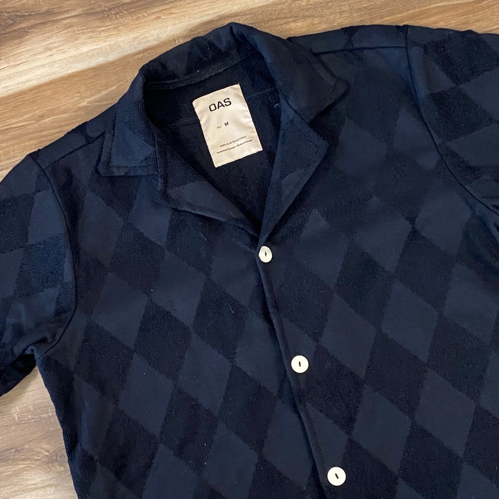 OAS Terry Shirt Mens M Diamond Jacquard Button Up Navy Blue Modern Vacation